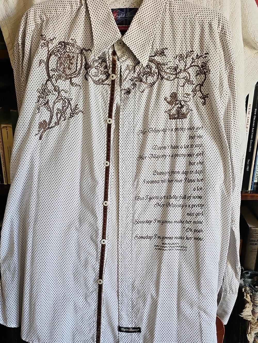 English Laundry White Shirt with Black Microdots and Brown Embroidery